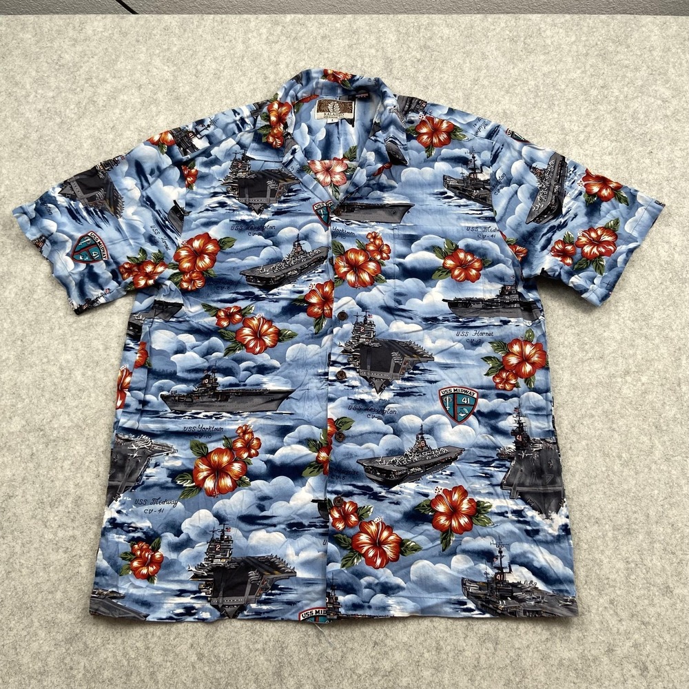 Kalaheo Shirt Mens Large Blue Hawaiian USS Midway Aloha Short Sleeve Button Up